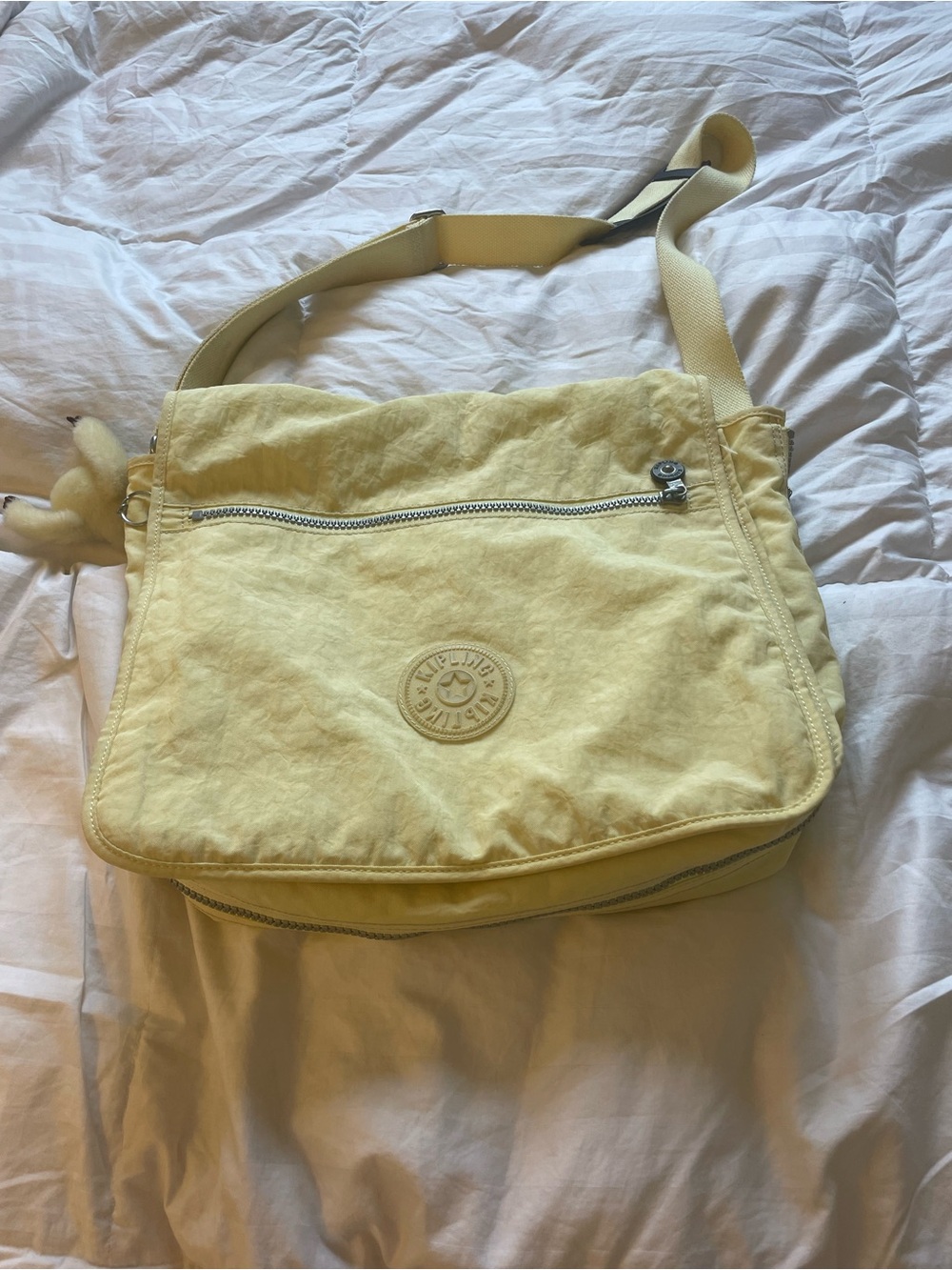 Kipling Yellow Nylon Messenger Bag with Pom-Pom Charm